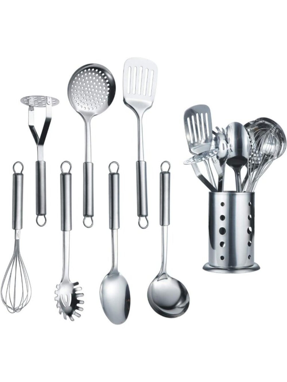 8-Piece Stainless Steel Cooking Utensil Set with Stand - Kitchen Tools & Gadgets